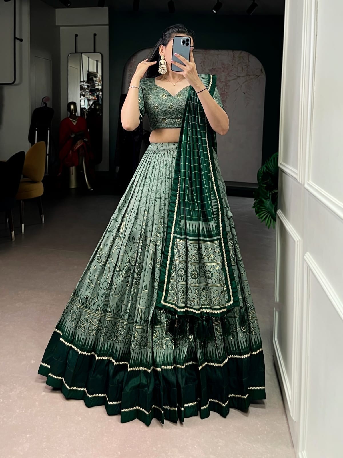 Tasar Silk Kalamkari Printed Lehenga with Lace Border & Tassel Dupatta